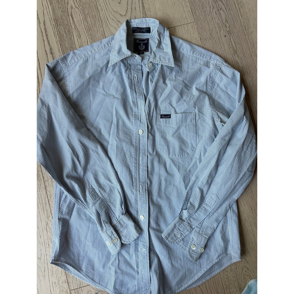 Faconnable Mens XS Blue White Striped Button Down Shirt Albert Goldberg USA Made